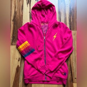 Aviator Nation 5 Stripe Zip Hoodie Hot Pink Sz M